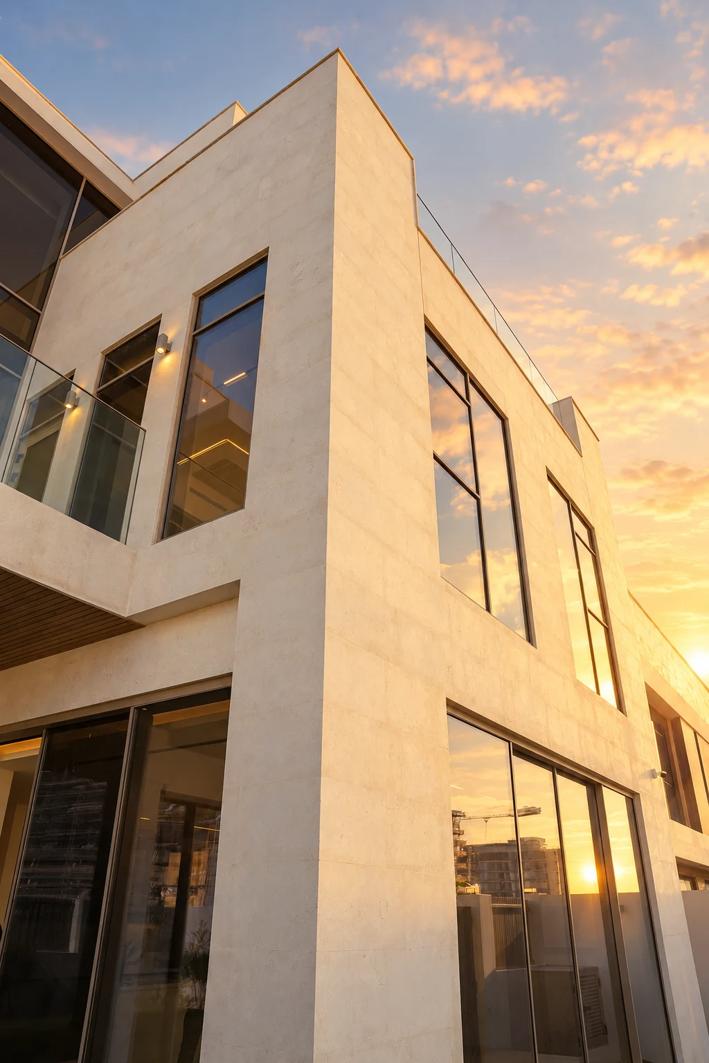 Ivory Collection facade and balcony details with warm sunset lighting