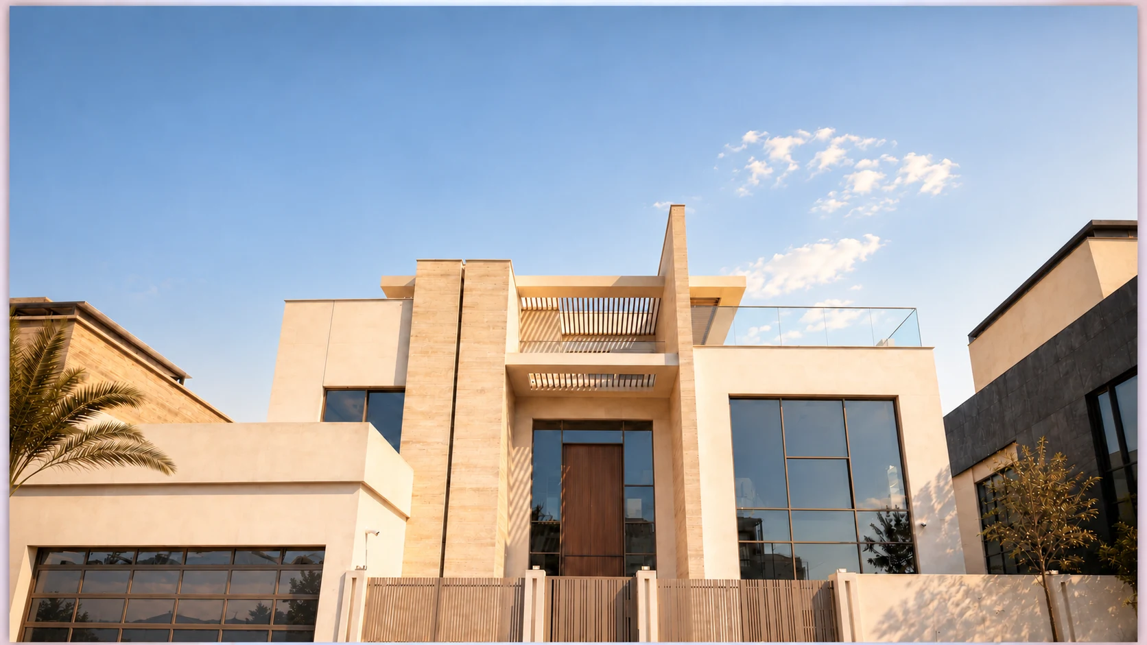 Ivory Collection villa exterior in Nad Al Sheba Gardens with gentle golden-hour lighting
