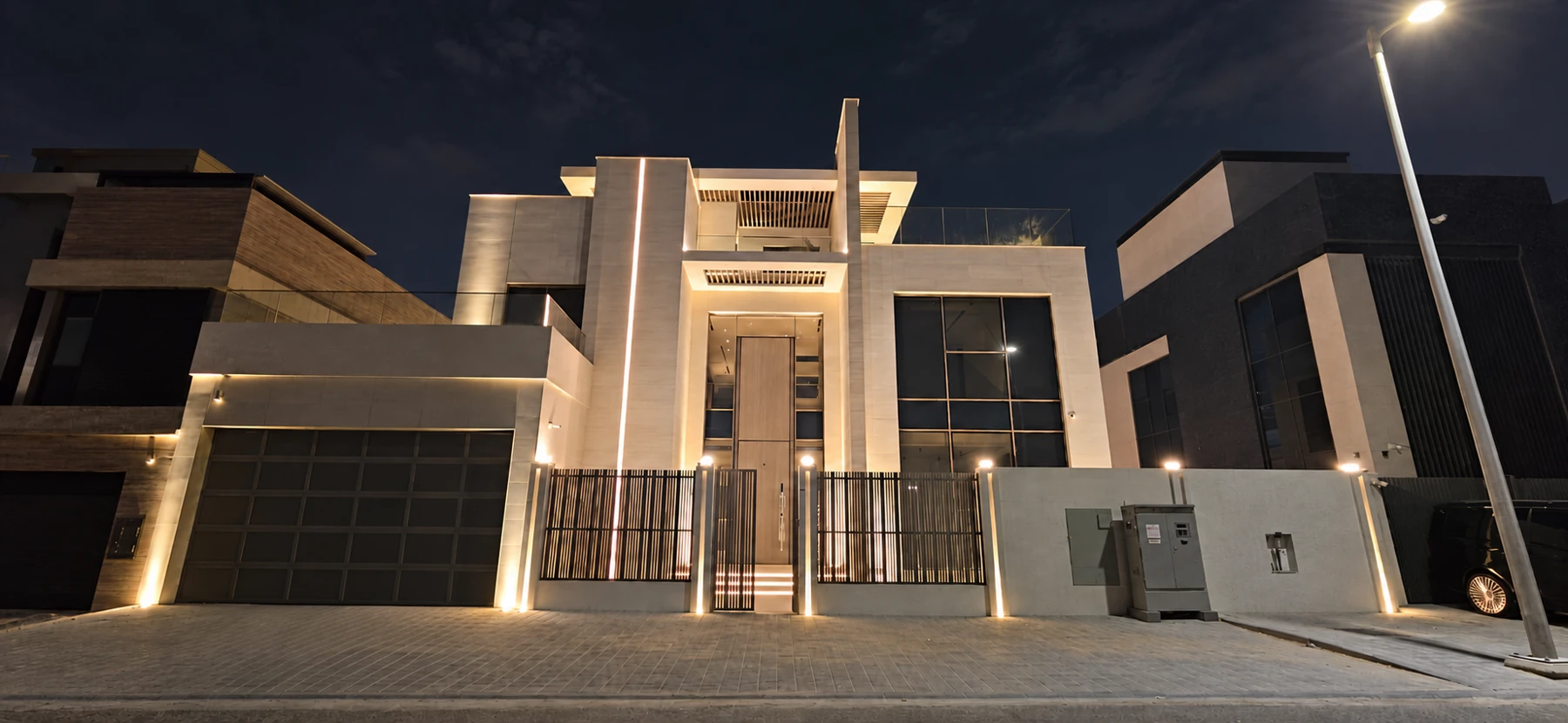 Ivory Collection villa illuminated at night with a clear driveway