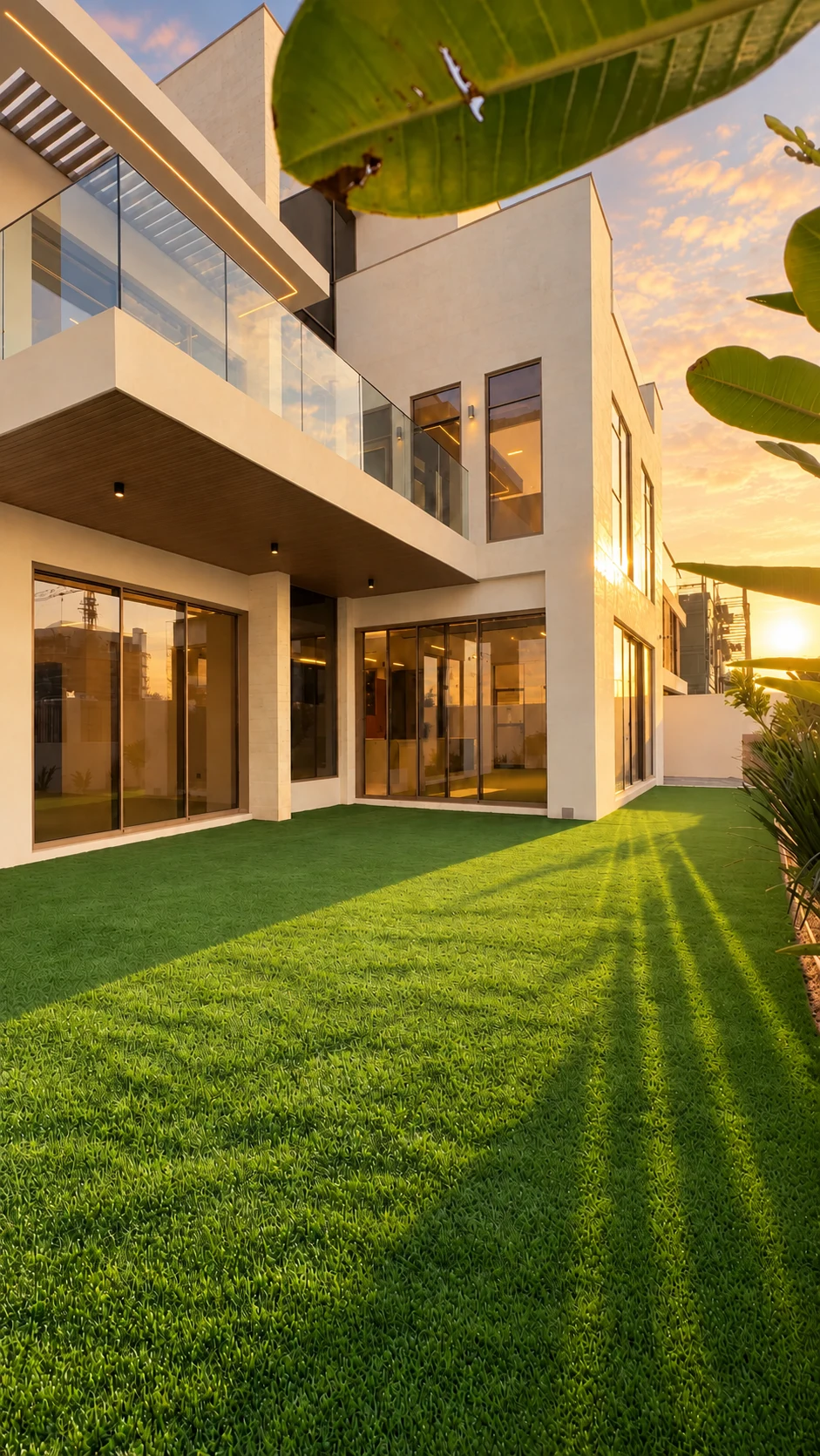 Rear garden and glass balcony of an Ivory Collection villa in warm sunset lighting