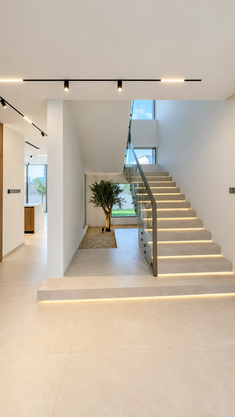 Illuminated staircase with glass balustrade and indoor planting